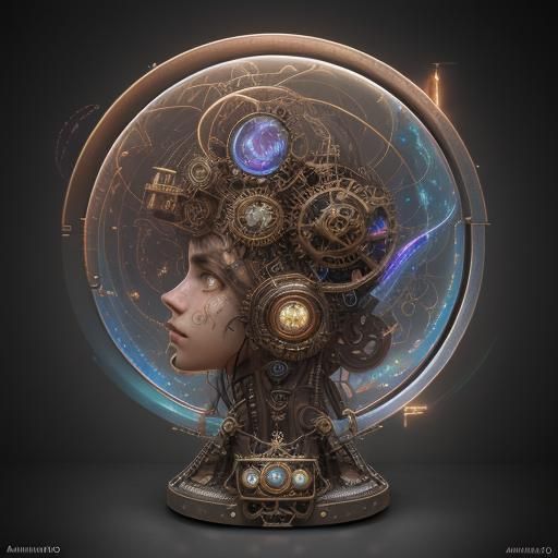 Metal Steampunk Art in Holographic Cosmic Style