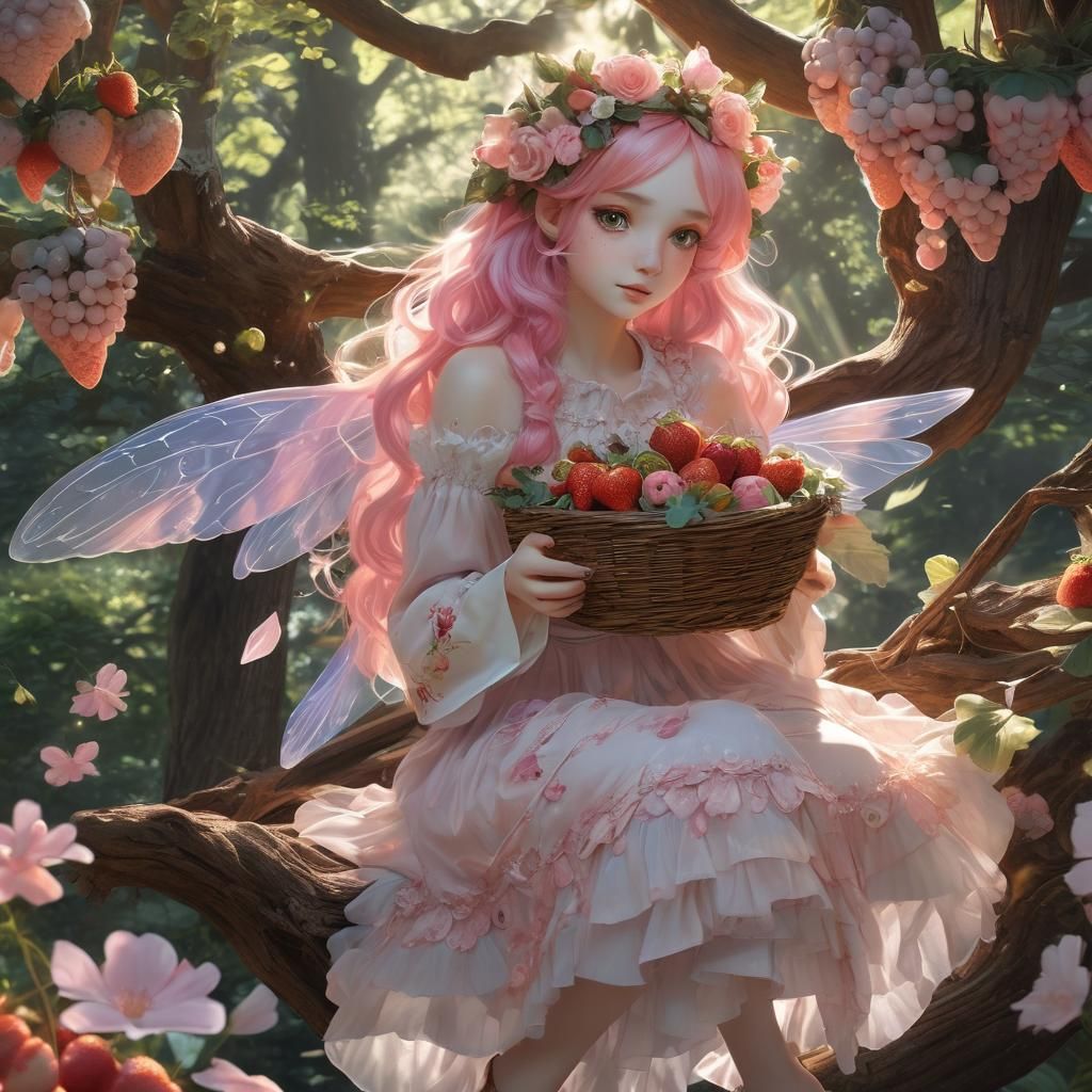 Anime Fairy Girl with Strawberries in Tree