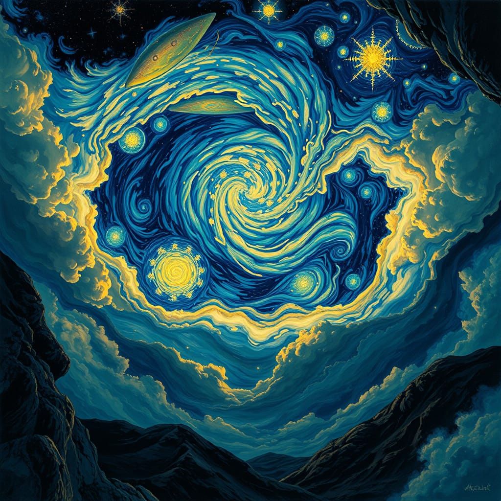 Dreamlike Upside-Down World in Vibrant Blues and Yellows