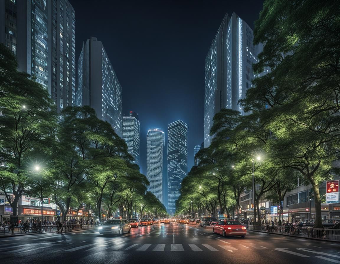 Vibrant City Intersection at Night in Ultra-Detailed Digital...