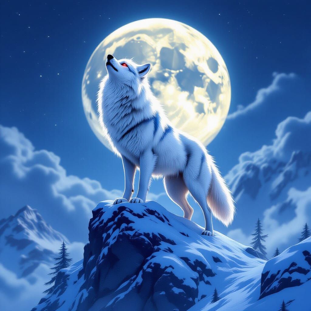 Majestic White Wolf on Snowy Peak in Hyperrealistic Style