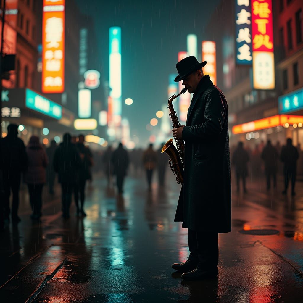 Saxophonist's Soulful Serenade in Rainy City Night
