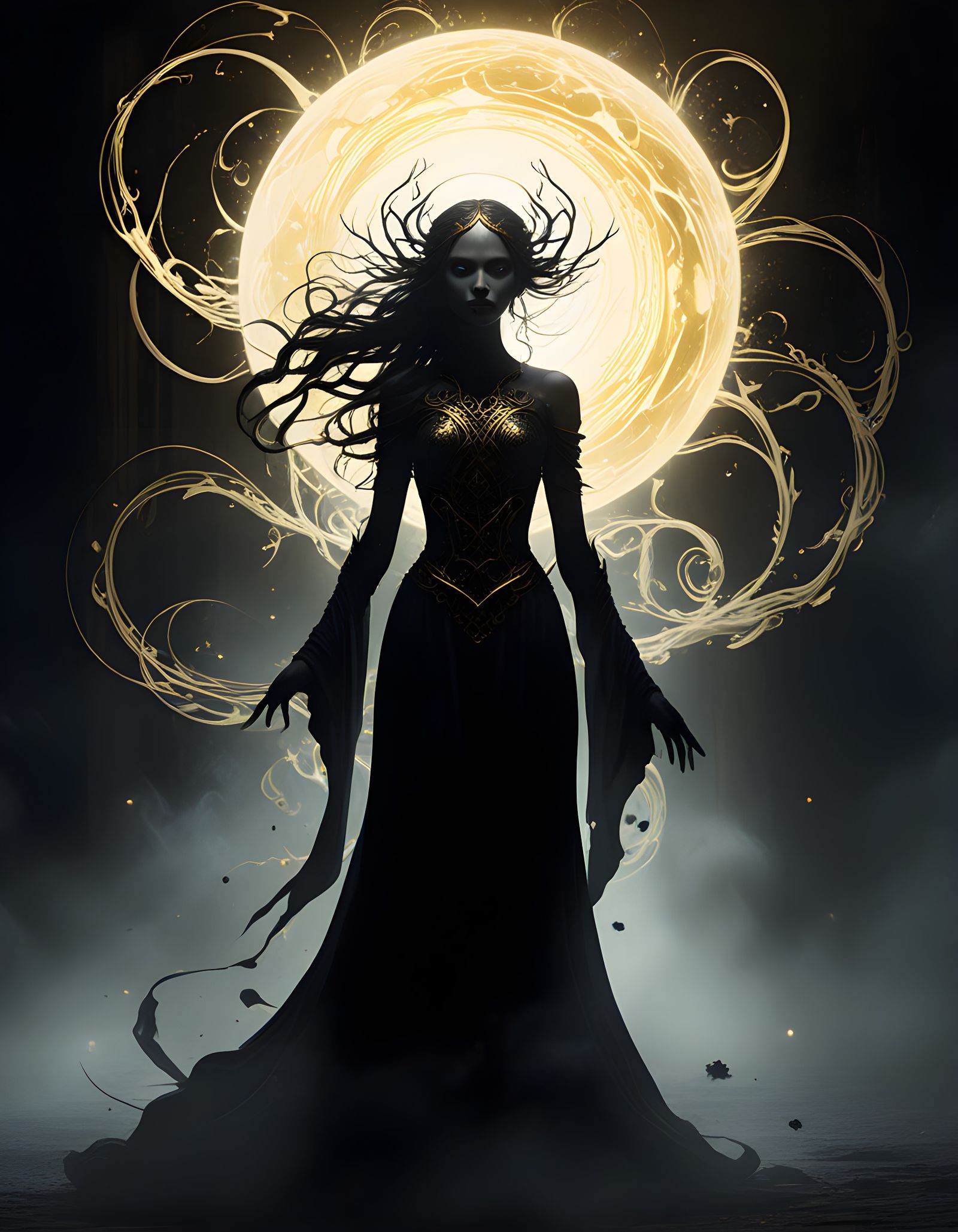 Ethereal Figure Emerges from Smoky Realm in Radiant Light