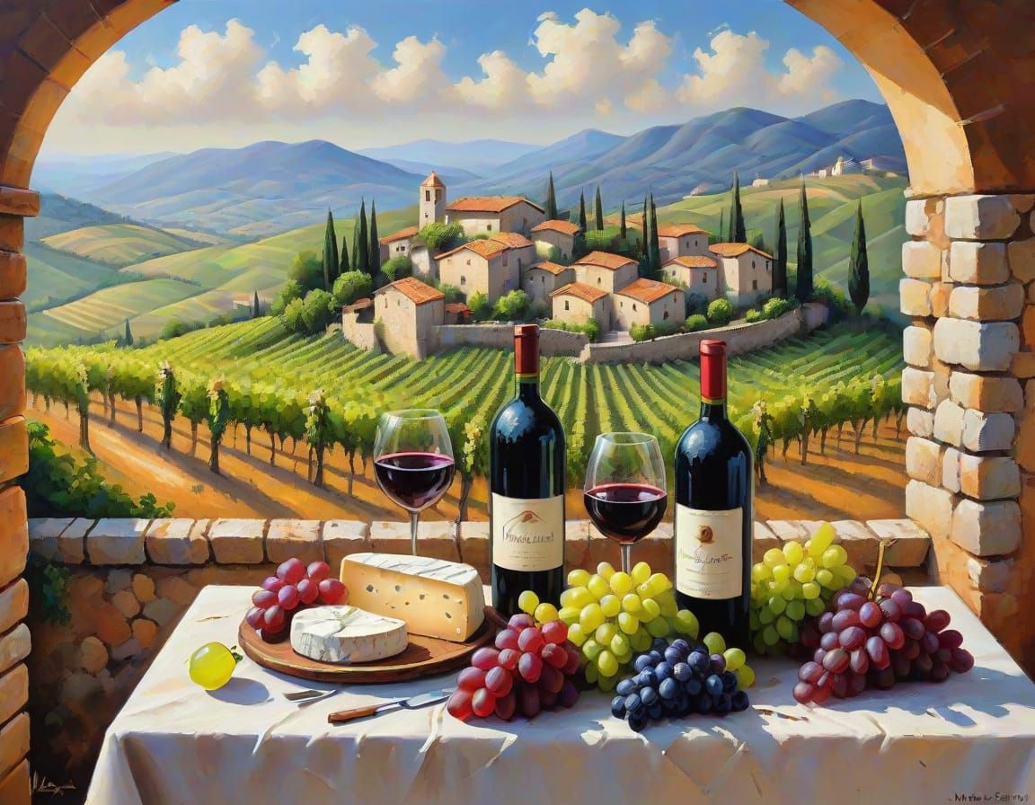 Surreal Italian Vineyard Scene in Neo-Impressionist Style