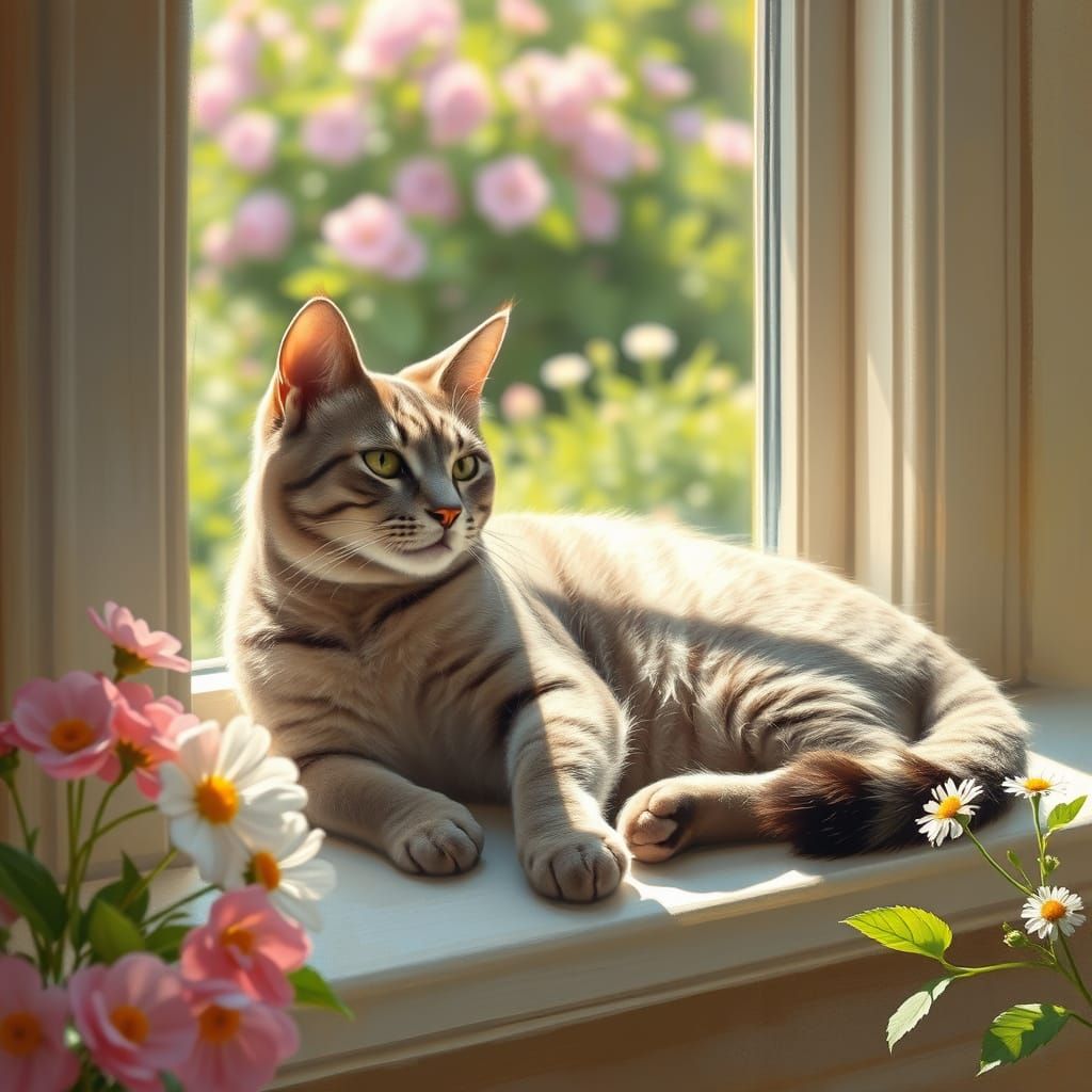 Grey Tabby Cat in a Peaceful Impressionist Scene
