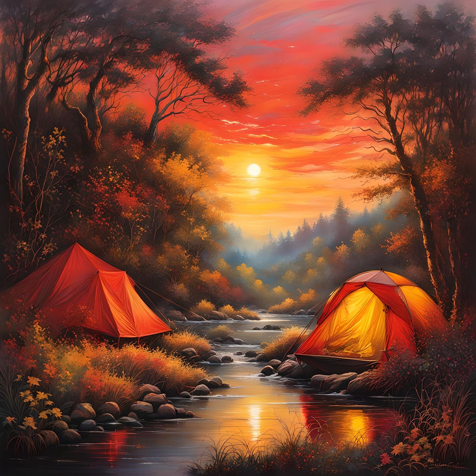 Ethereal River Scape at Sunrise in Ink Drawing Style