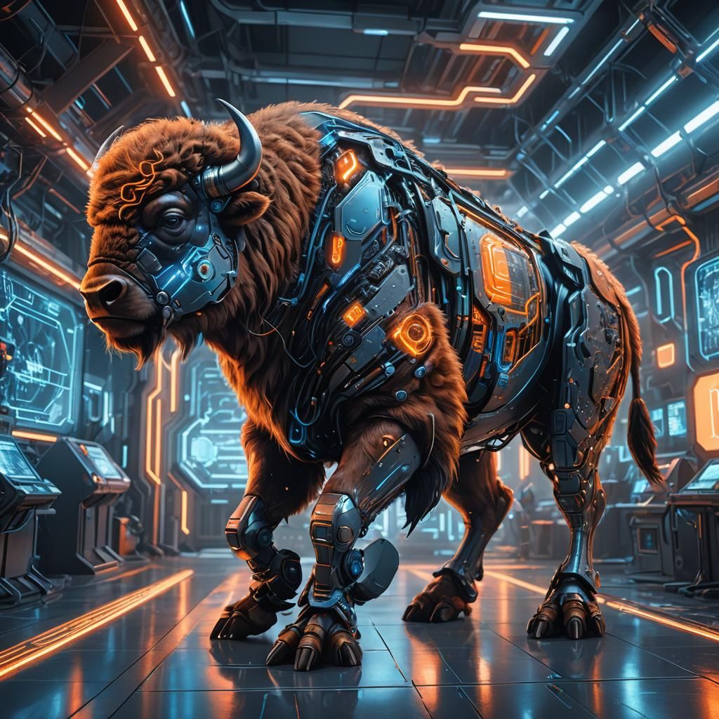 Bison Cyborg in Futuristic Laboratory: Sci-Fi Illustration