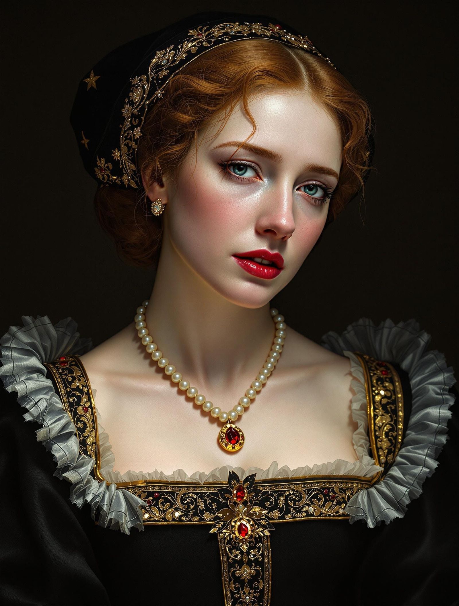 Tudor Queen's Sorrowful Portrait in Soft, Golden Light