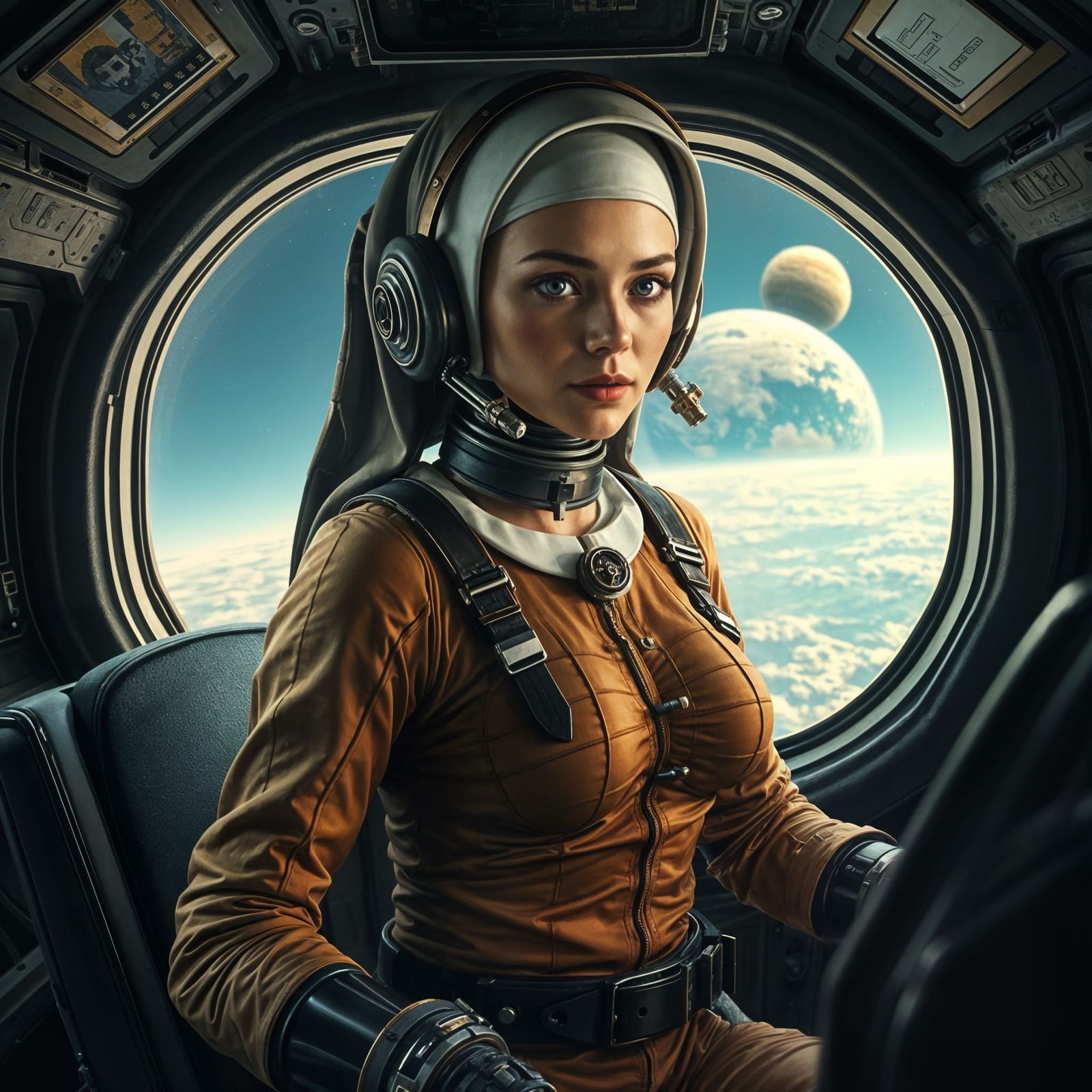 Steampunk Nun Astronaut in Dystopian Sci-Fi Spaceship