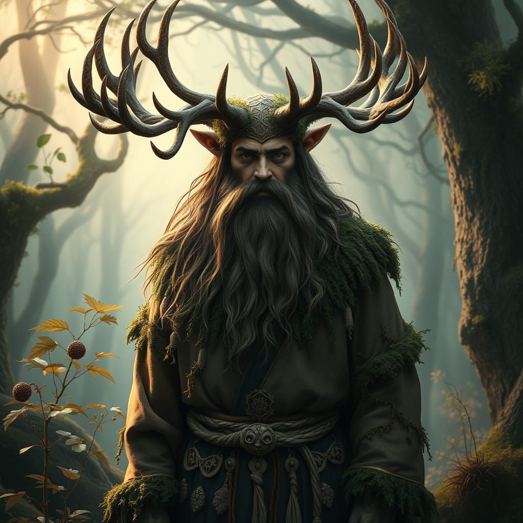 Mystical Deer-Horned God in Ancient Forest