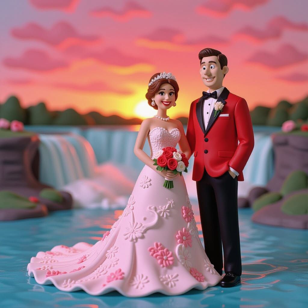 Clay Molded Niagara Falls Wedding with Pink & Red Attire