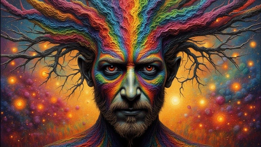 Fractal Faced Man with Rainbow Moss, Impasto Acrylic Paintin...