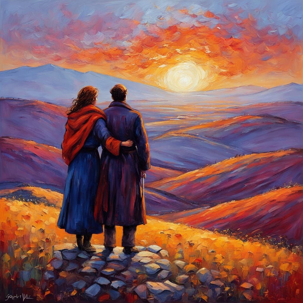 Expressive Oil Painting of Figures Discovering a Sunrise