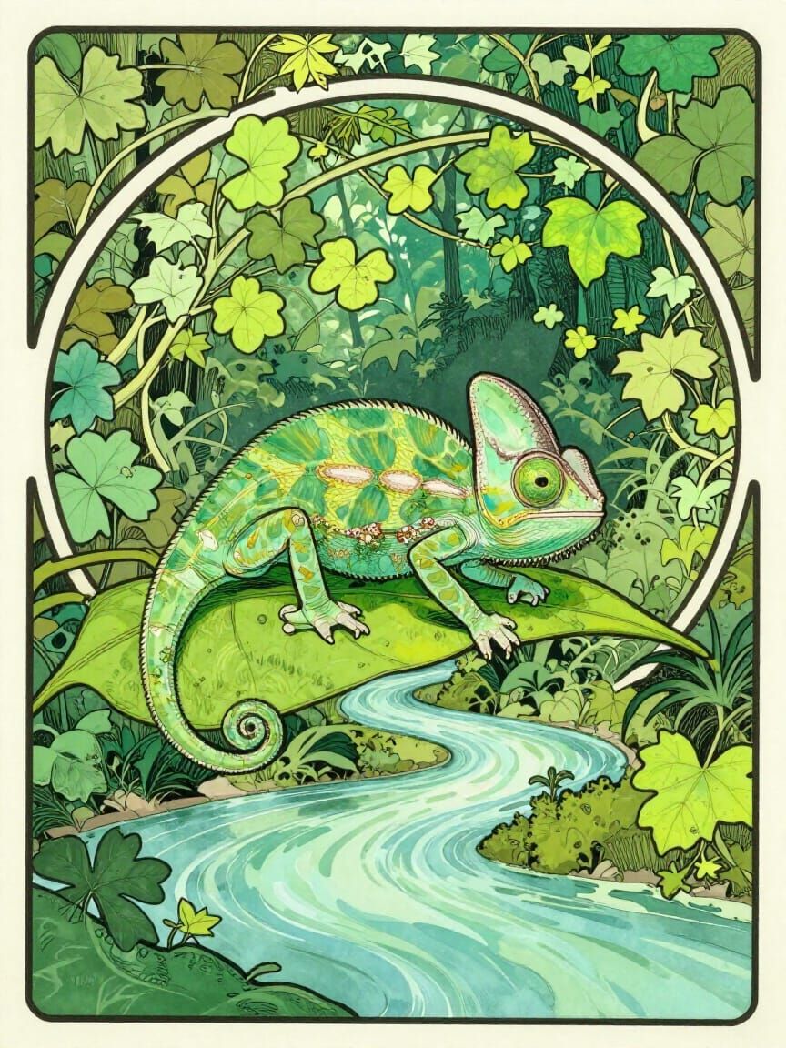 Art Nouveau Green Chameleon on Jungle River Leaf
