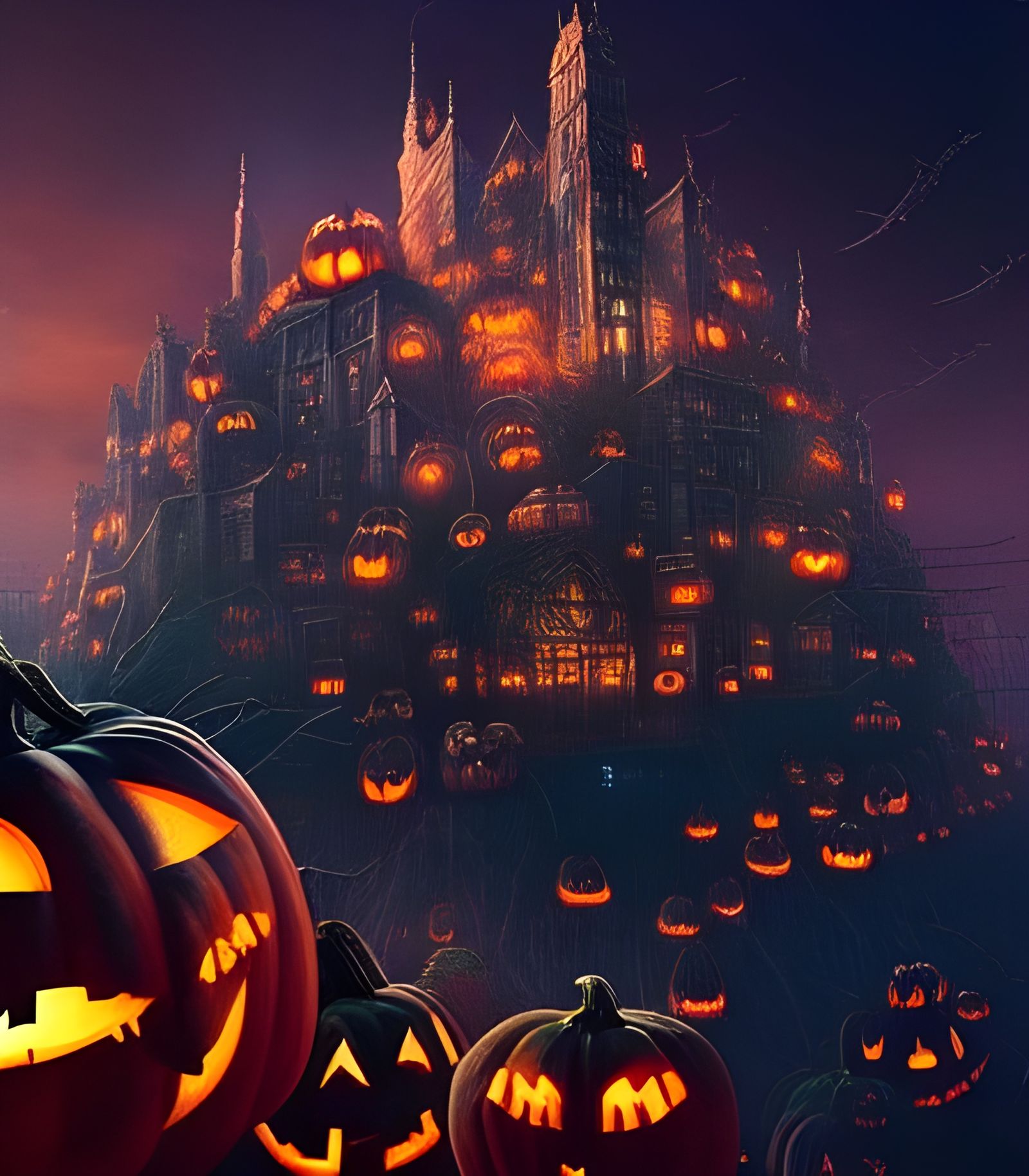 Floating Biopunk Halloween City in Studio Ghibli Style