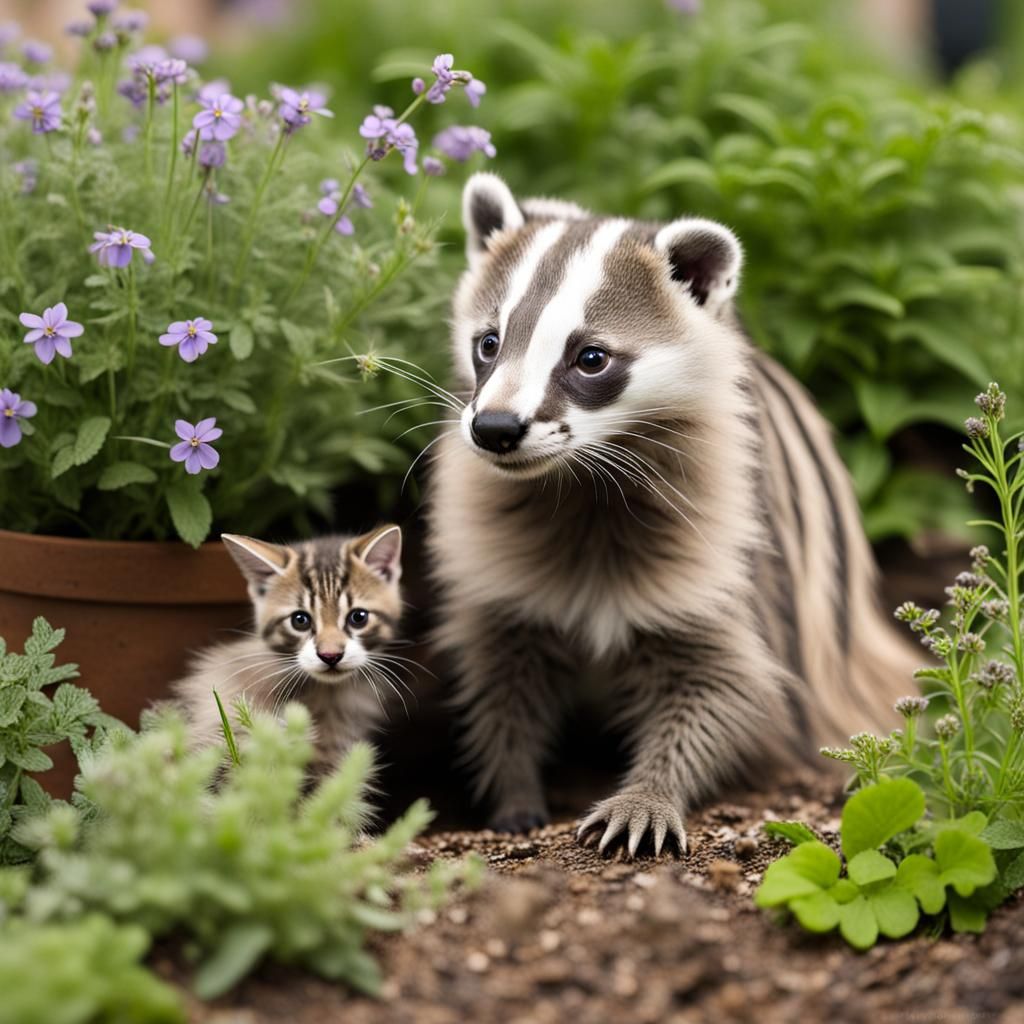American Badger and Kitten in Herb Garden