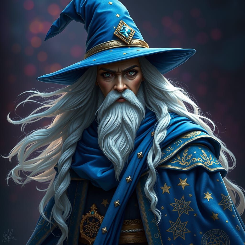 Majestic Wizardess in Regal Blue Cloak with Golden Embroider...