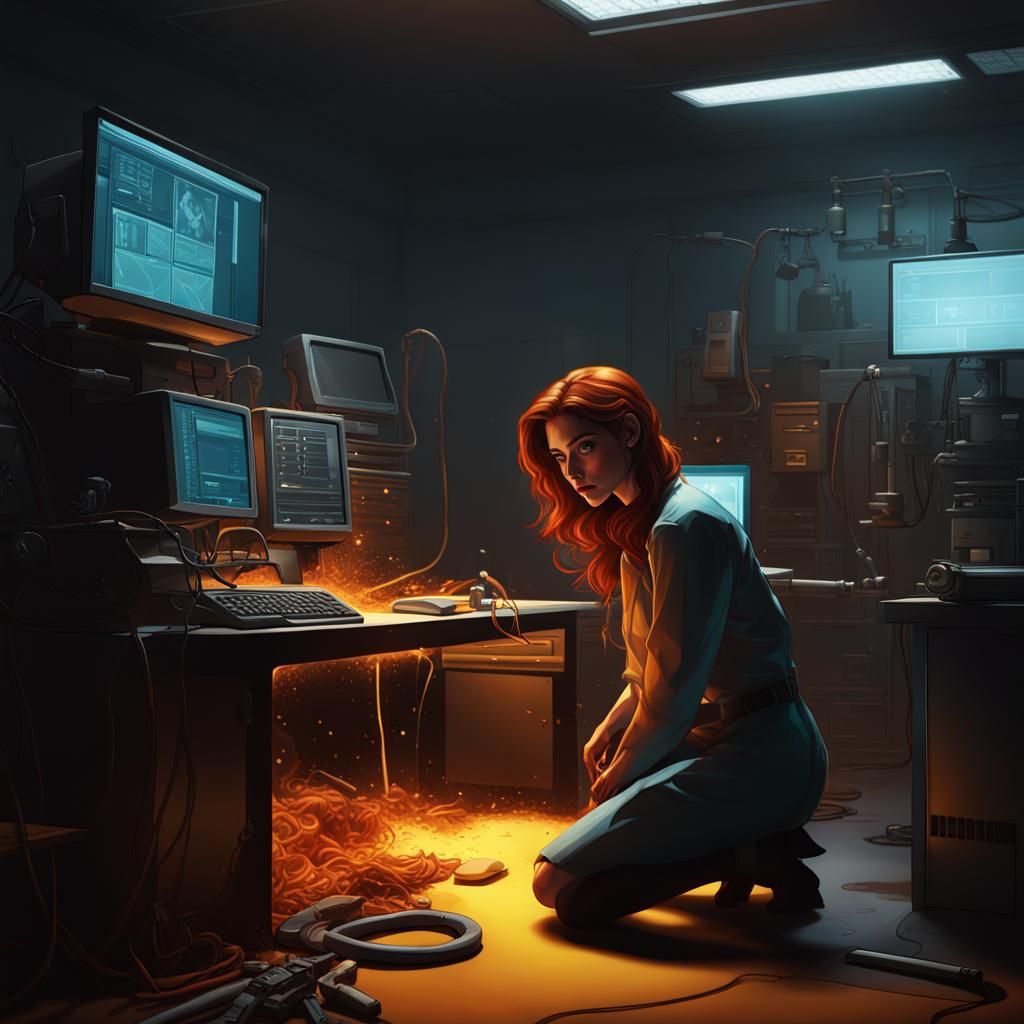 Amber Screen in Dark Lab: Hyperrealistic Art