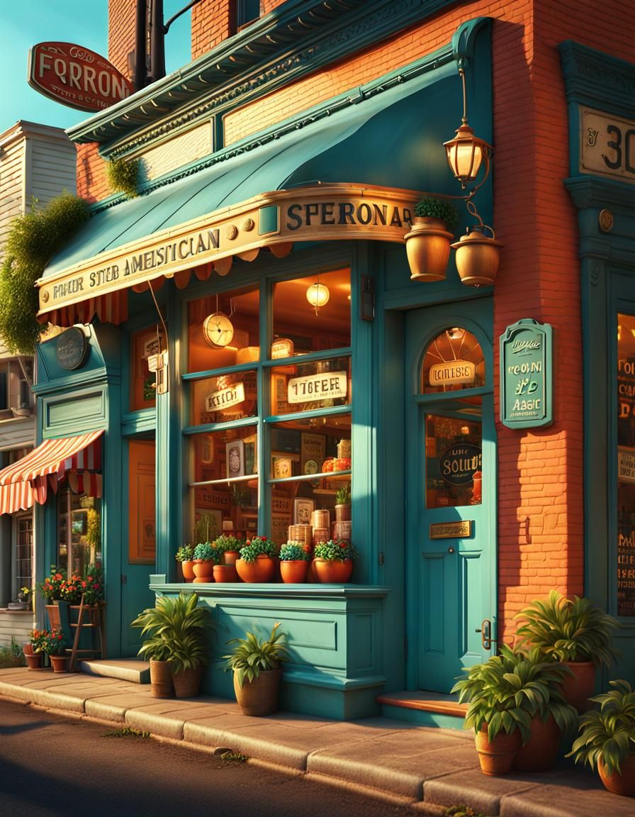 Vintage Americana Store Front in Warm, Golden Lighting