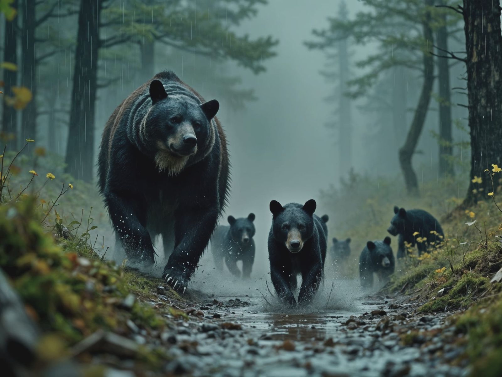 Mother Bear Leads Cubs Through Heavy Rain