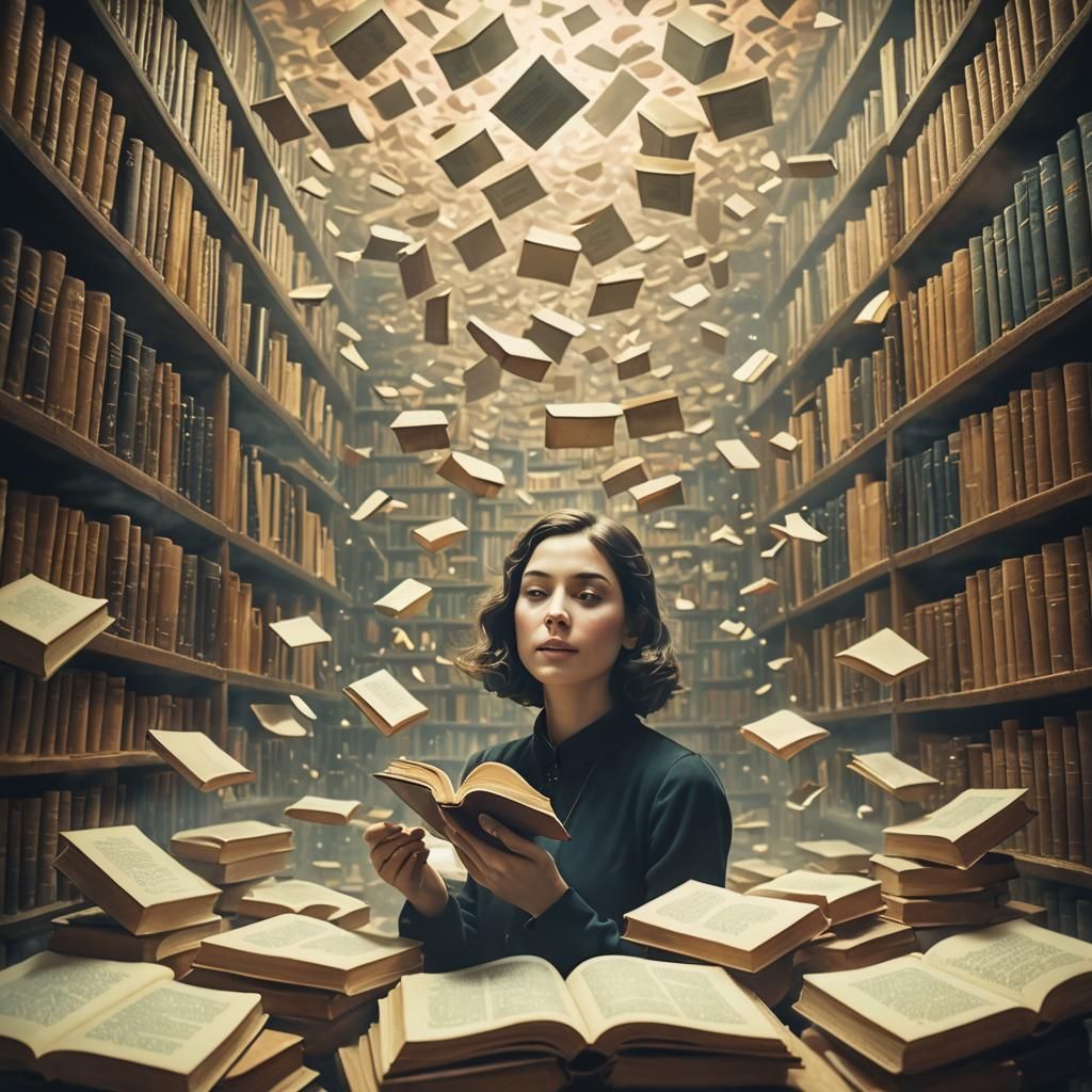 Mystical Library: Woman Surrounded by Floating Books