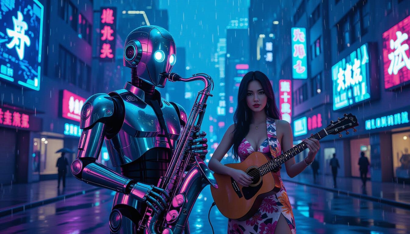 Robot Saxophonist in a Cyberpunk Cityscape