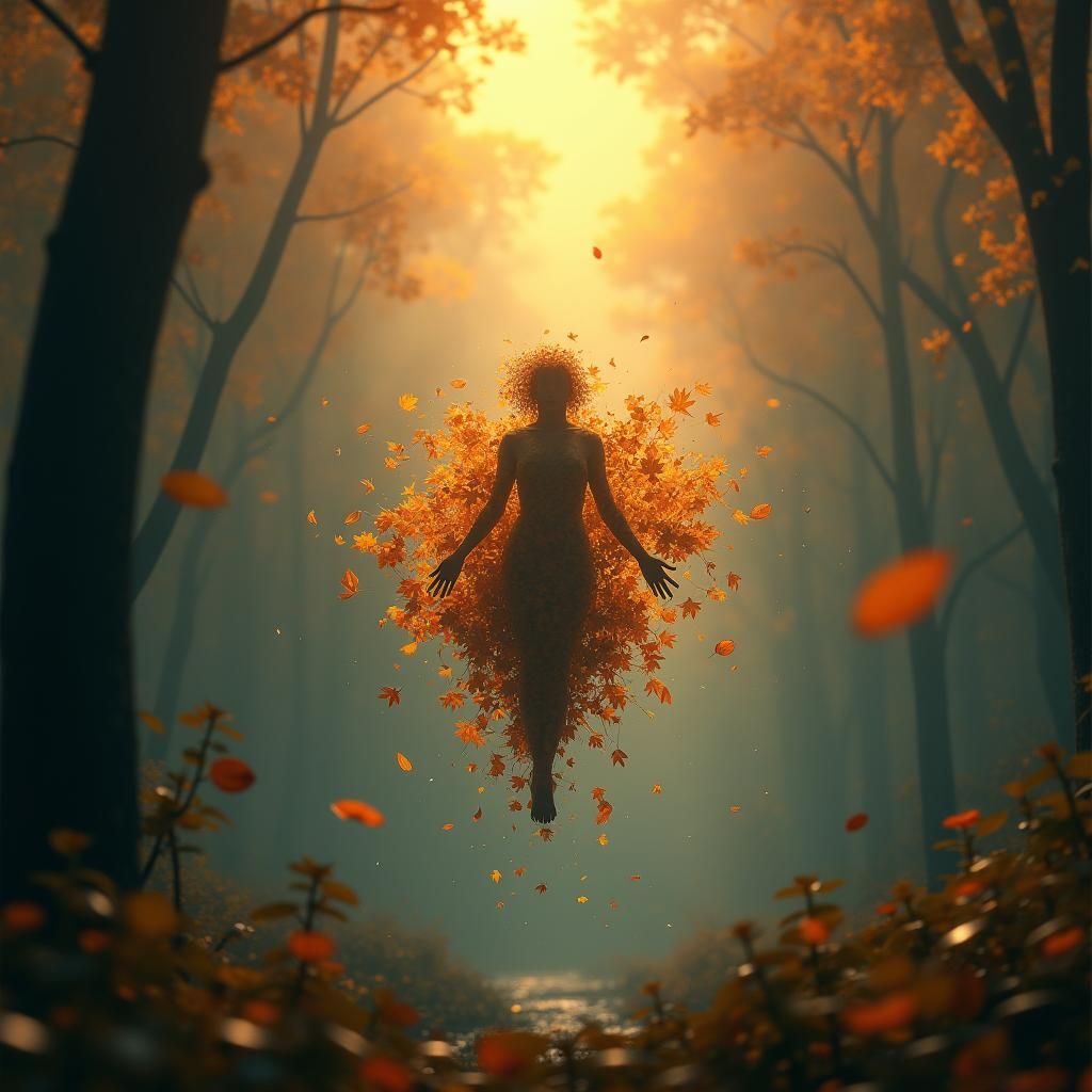 Autumnal Figure Falling in Ethereal Landscape