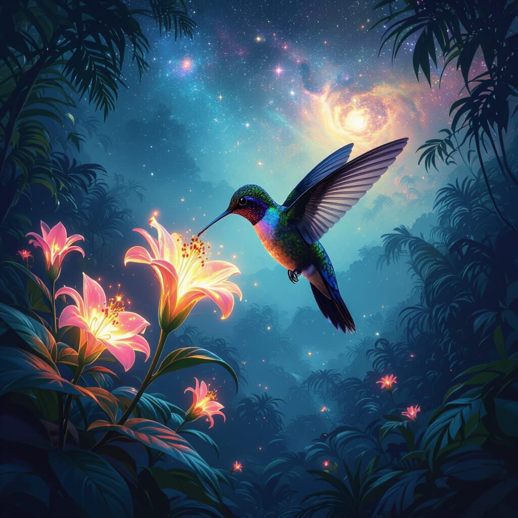 Hummingbird Sipping Nectar in Alien Jungle, Bioluminescent S...