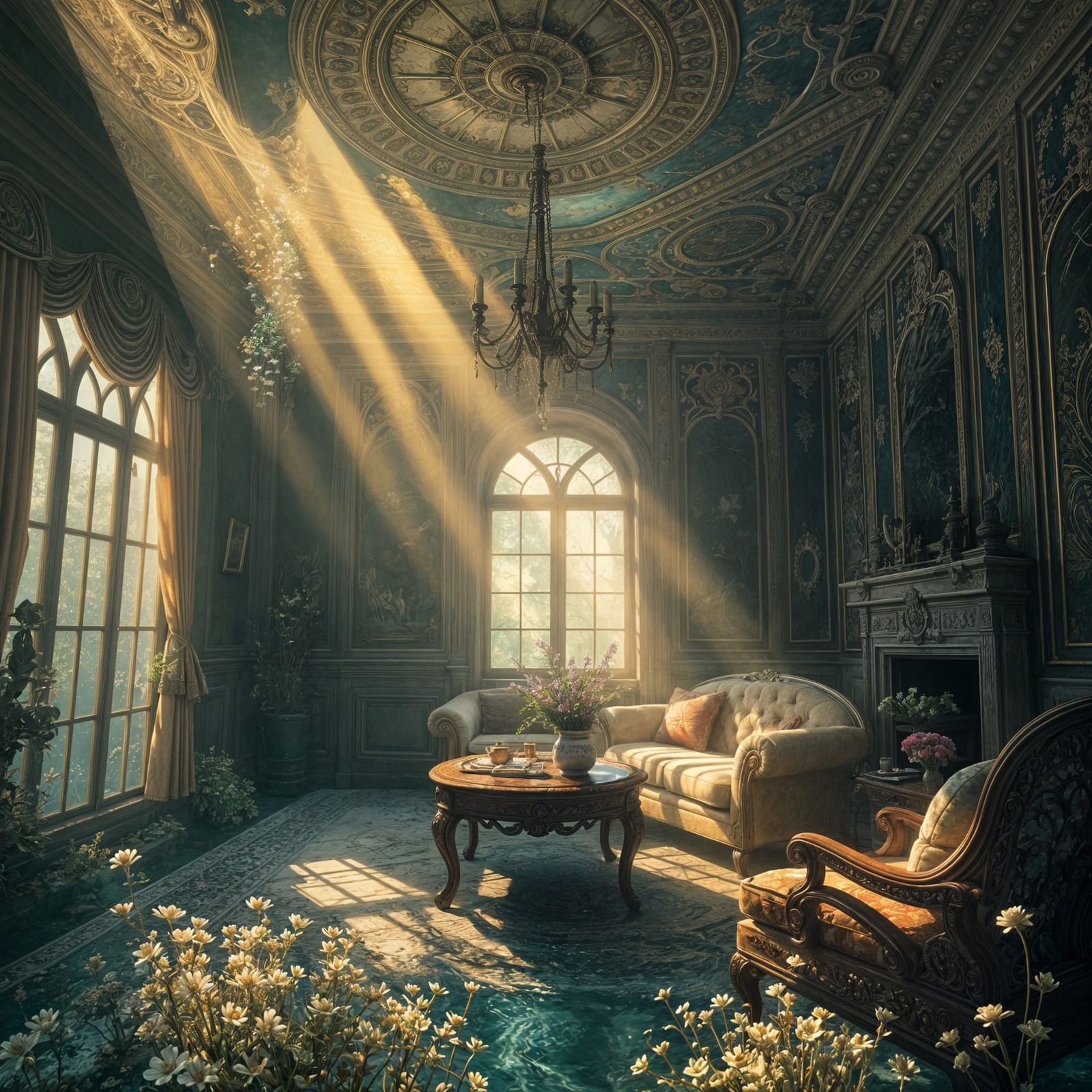 Edwardian Surrealism: Submerged Living Room in Spring Bloom