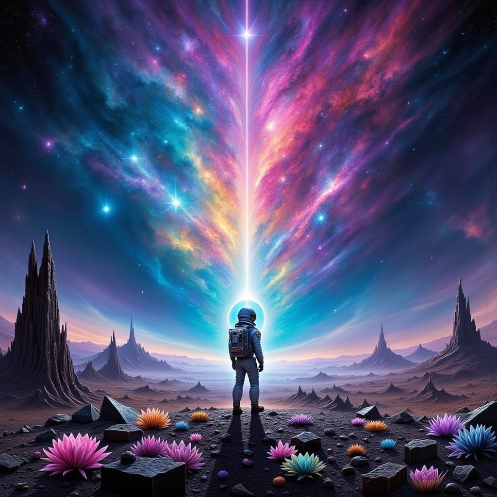 Astronaut Gazes at Vibrant Nebula on Alien Planet