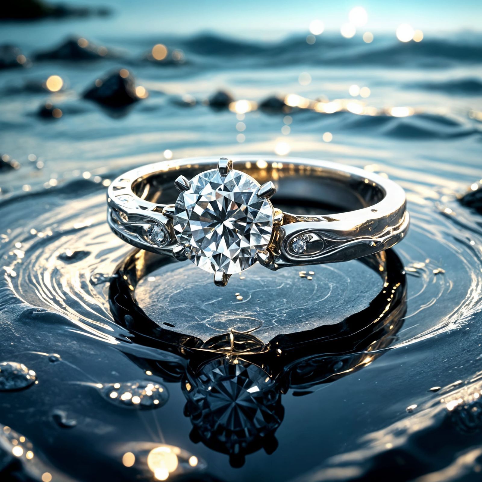 White Gold Solitaire Ring with Water Effect