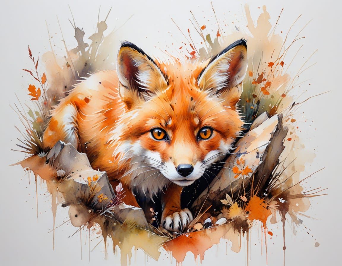 Mischievous Fox Kit Peering from Behind Rock in Watercolour