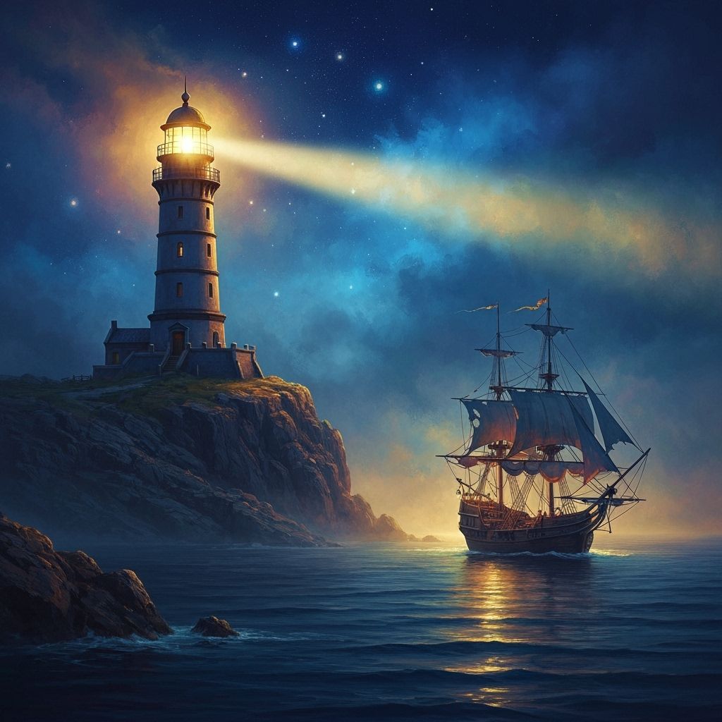 Mystical Lighthouse Guides Pirate Ship Through Foggy Seas
