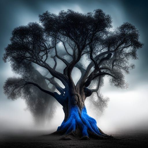 Ancient Oak Tree with Jinns and Blue Smoke