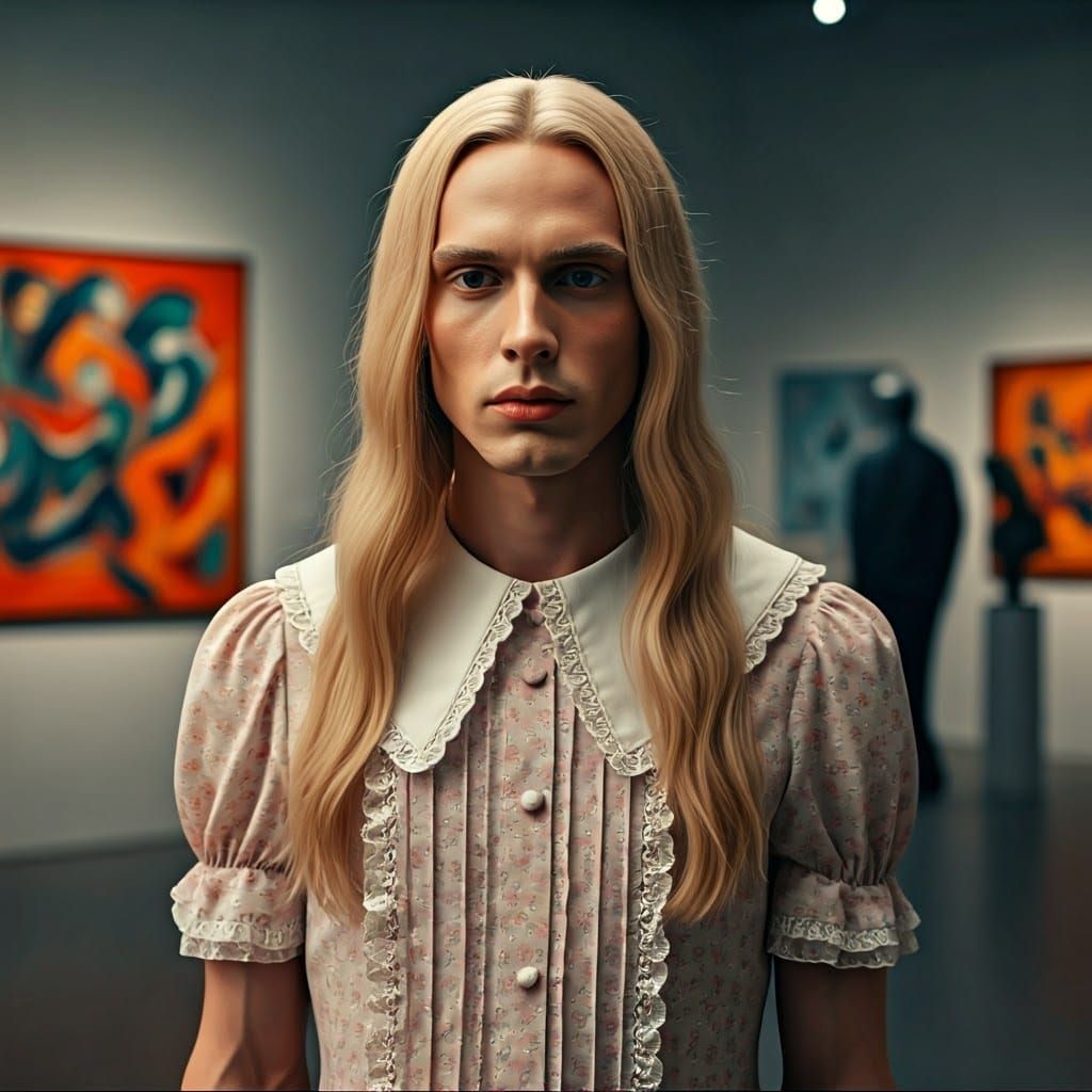 Androgynous Man in Elegant Peter Pan Collar Dress, Set Amids...