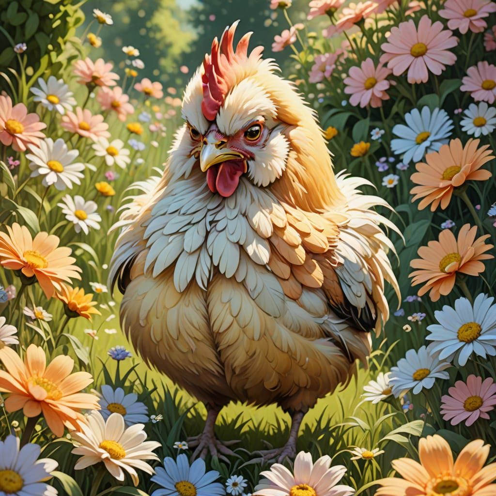 Grumpy Fluffy Chicken in Sunlit Floral Garden