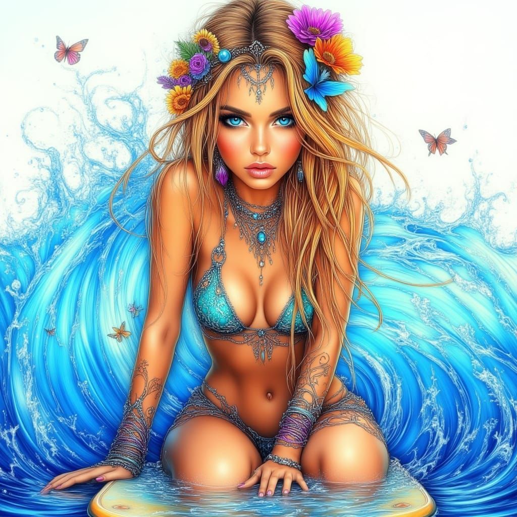 Bohemian Surfer Girl in Vibrant Hand-Drawn Style