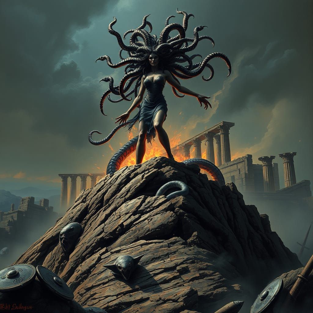 Medusa Summons Serpents in Ancient War, Expressionist Style