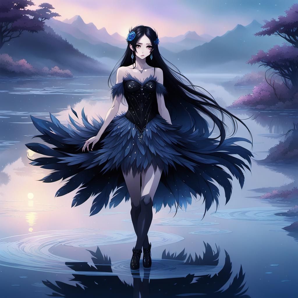 Black Swan Ballerina on Misty Lake: Anime Concept Art