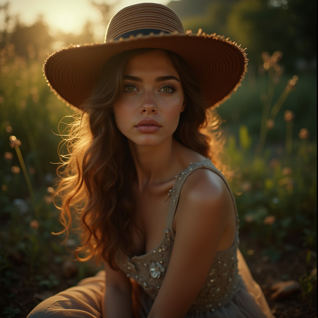 Elegant Woman in Wide-Brimmed Hat, Cinematic Lighting