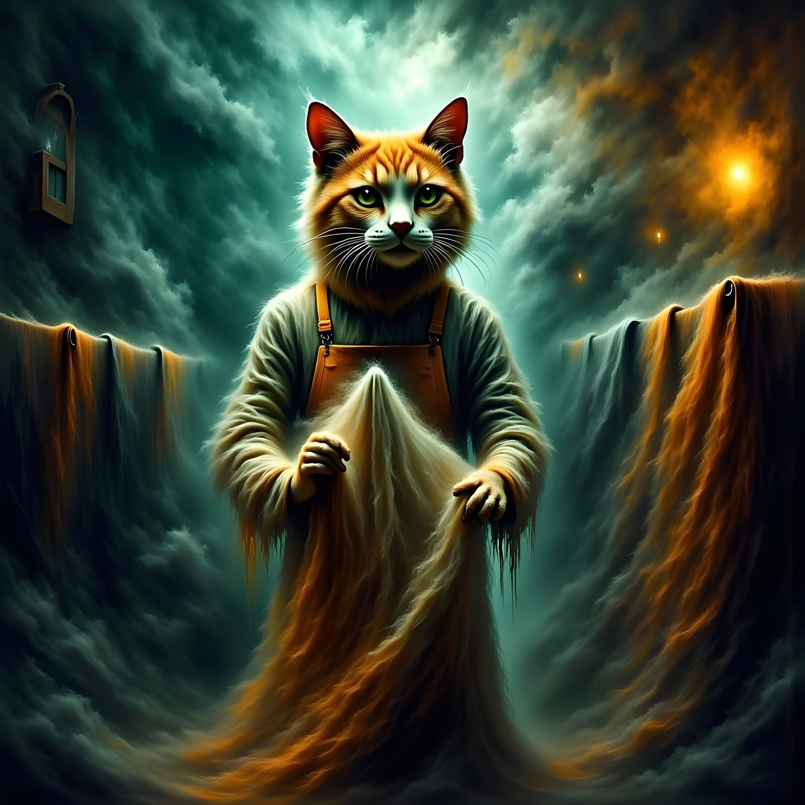 Cat Ironing Clothes: Retro, Iridescent Mixed Media