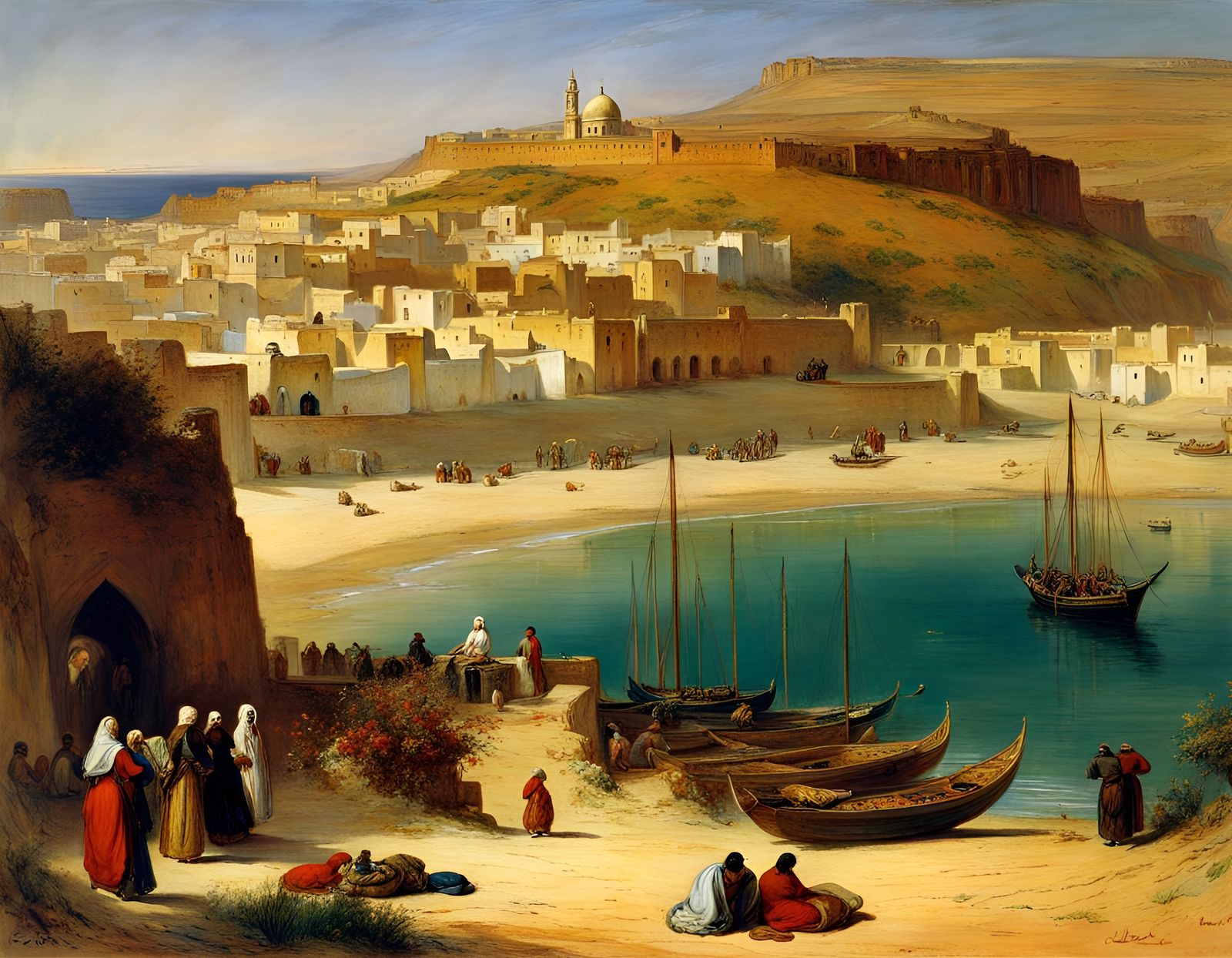 North African Town Illustration in Pre-Raphaelite Style