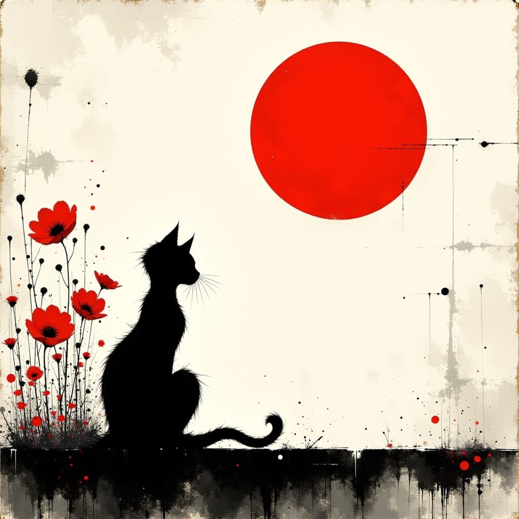 Contemplative Cat Gazing at Red Sun: Minimalist Silhouette
