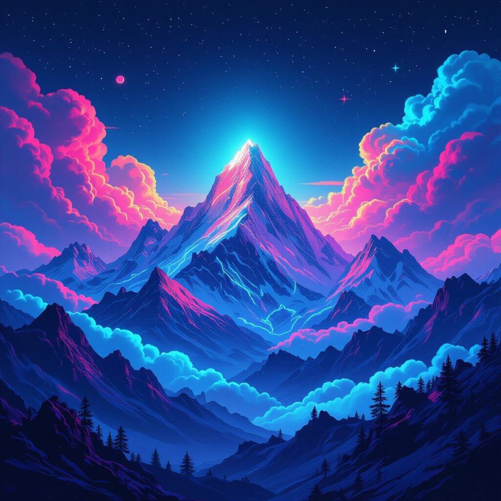 Neon Mountainscape at Night in Vaporwave Style