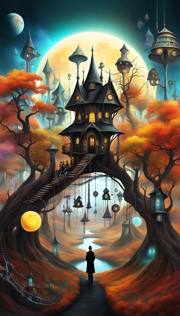 Autumn Treehouse City on Forest Planet: Surreal Digital Art