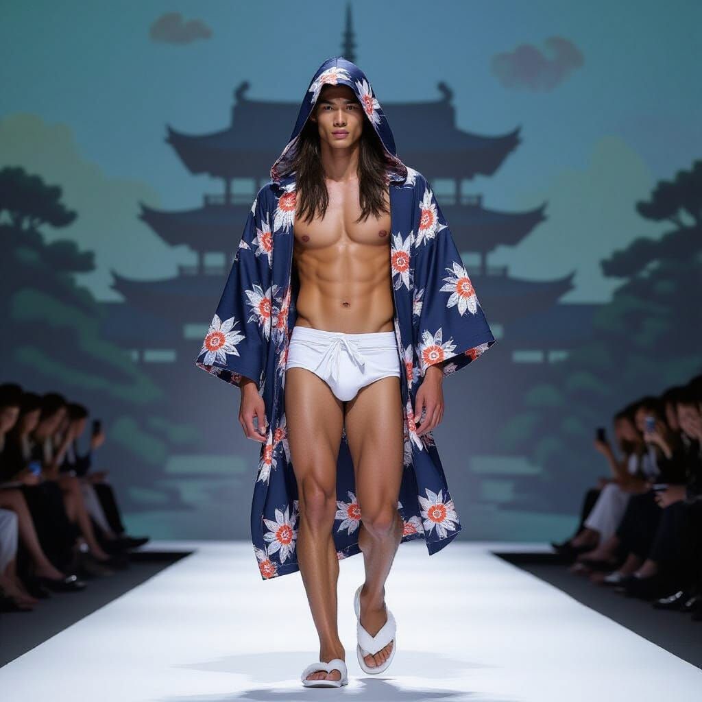 Thai Man in Kimono on Runway: Hyperrealistic Fashion
