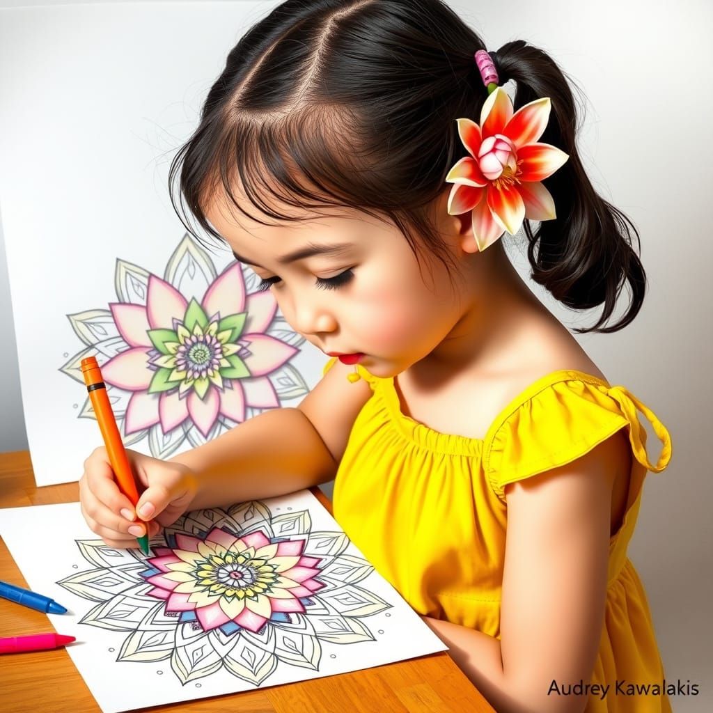 Girl Coloring Lotus Mandala in Delicate Realism