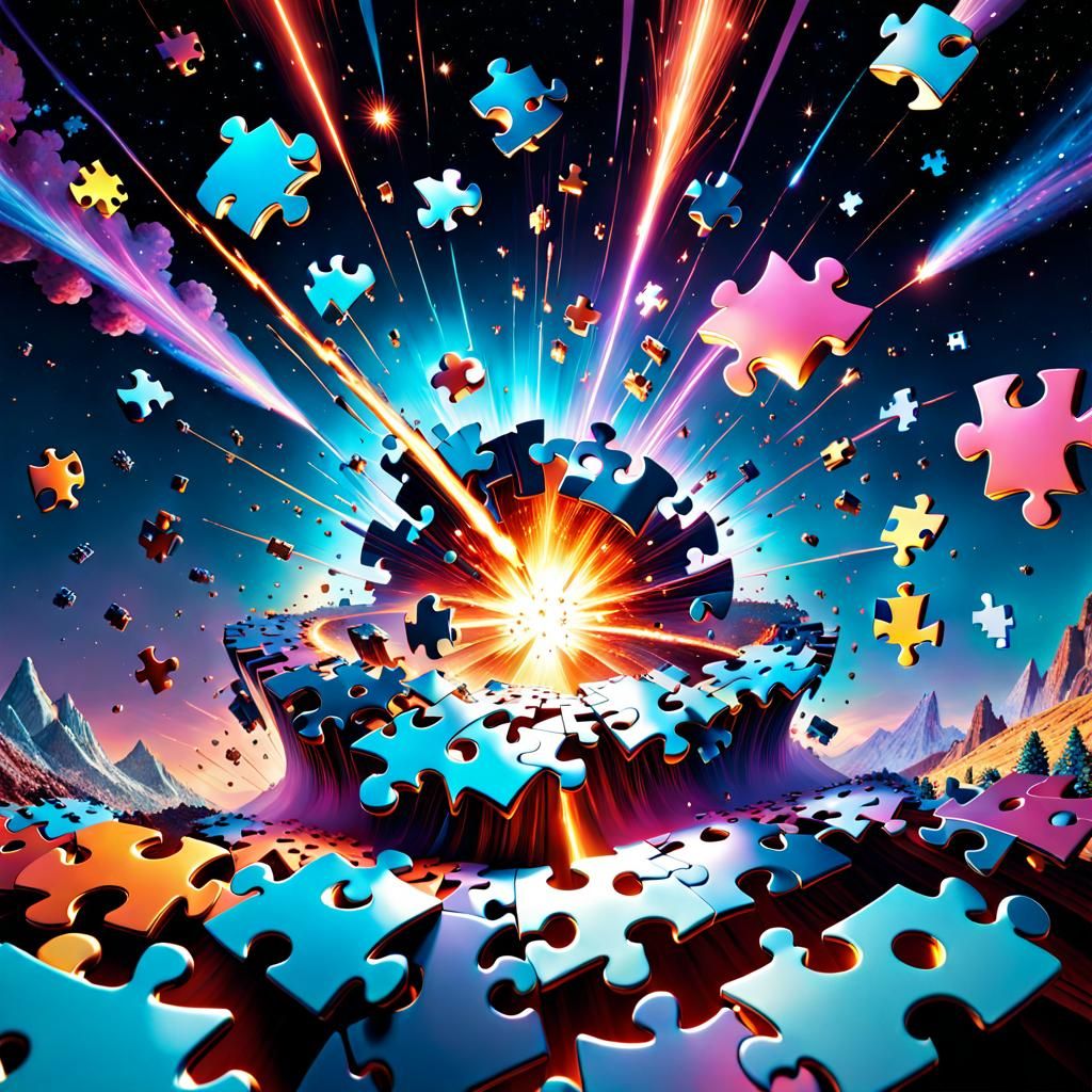 Optical Illusion: Puzzle Pieces Exploding into Galaxy