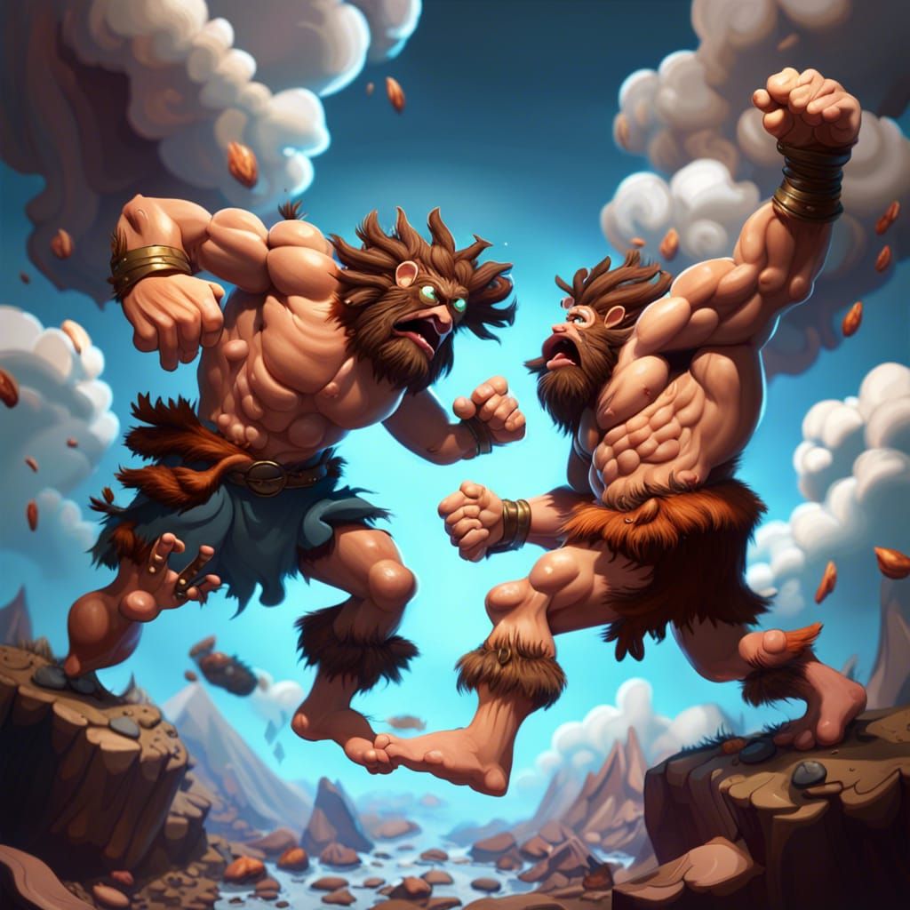 Cartoon Caveman Fight Cloud in Detailed Matte Painting