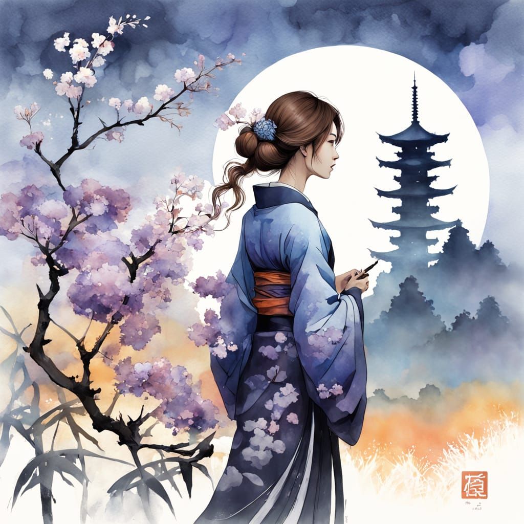 Woman With Abstract Cityscape Hair in Watercolor Style